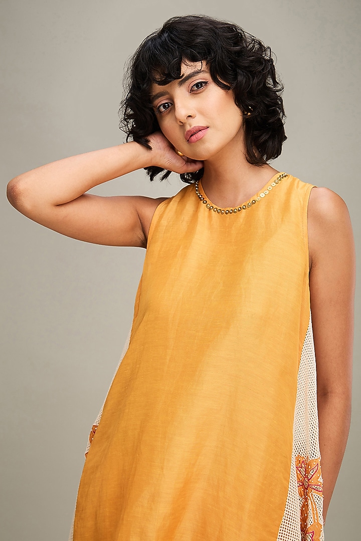 Orange Satin & Handloom Cotton Embroidered Asymmetric Kurta Set by Soup by Sougat Paul at Pernia's Pop Up Shop