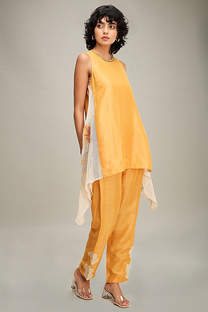 Orange Satin & Handloom Cotton Embroidered Asymmetric Kurta Set by Soup by Sougat Paul at Pernia's Pop Up Shop