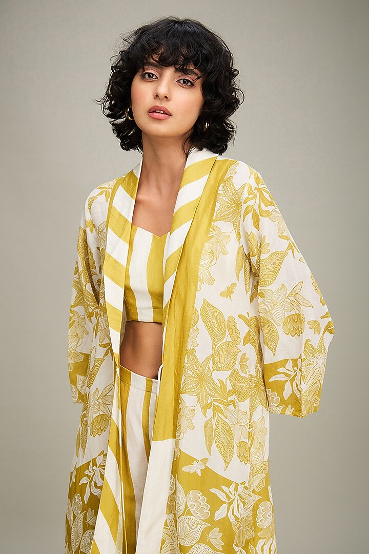 Yellow Linen Printed Jacket Set by Soup by Sougat Paul at Pernia's Pop Up Shop