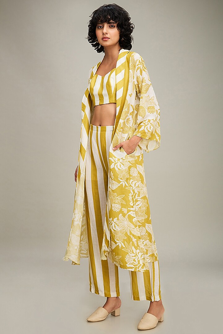 Yellow Linen Printed Jacket Set by Soup by Sougat Paul at Pernia's Pop Up Shop