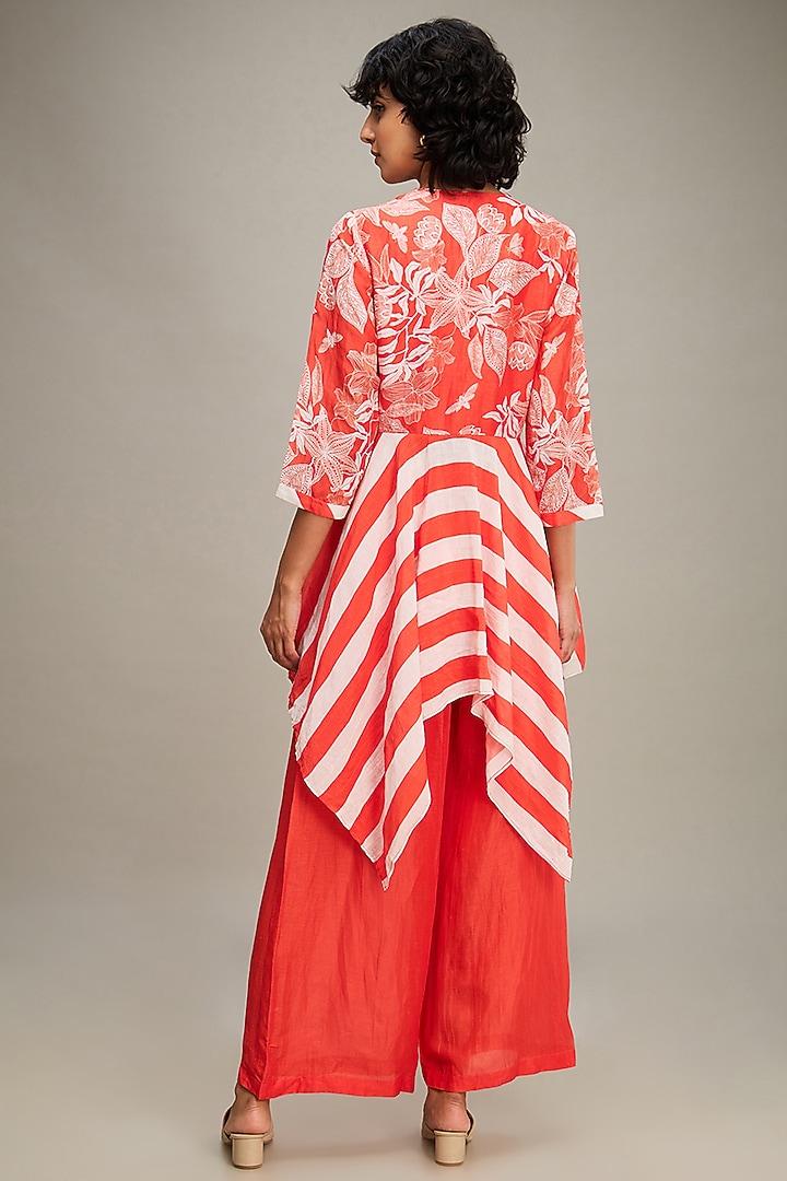 Red Linen Printed Handkerchief Kurta Set by Soup by Sougat Paul at Pernia's Pop Up Shop