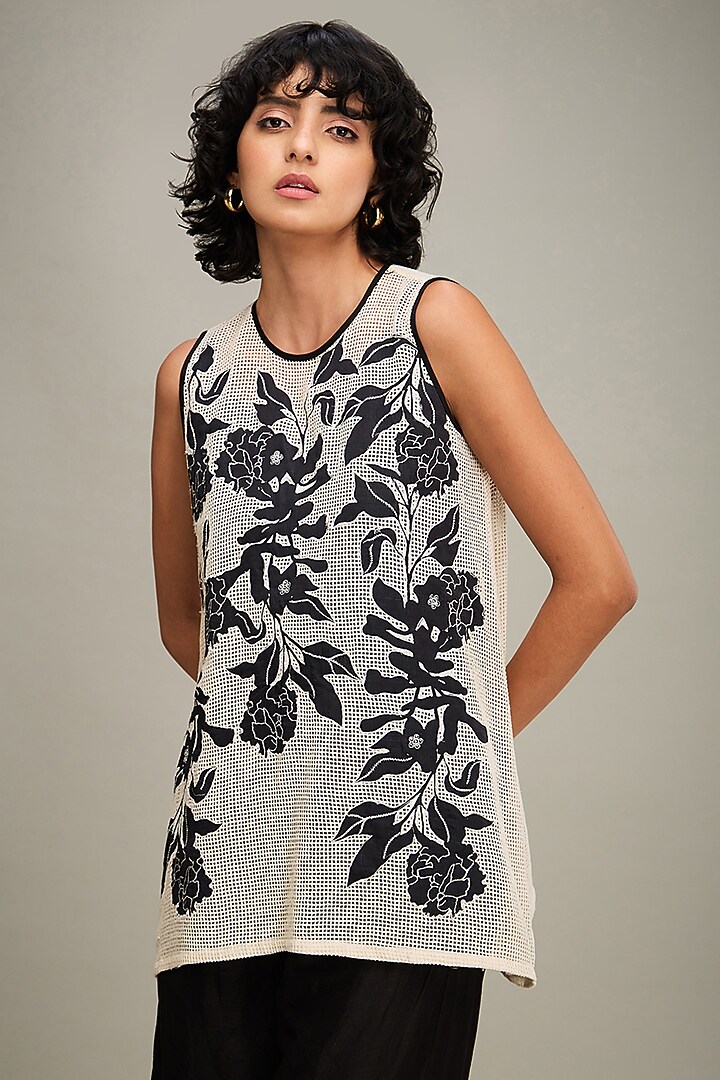Black Chanderi Applique Embroidered Co-Ord Set by Soup by Sougat Paul at Pernia's Pop Up Shop