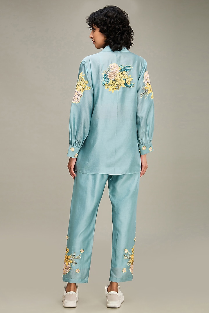 Blue Chanderi Applique Embroidered Co-Ord Set by Soup by Sougat Paul at Pernia's Pop Up Shop