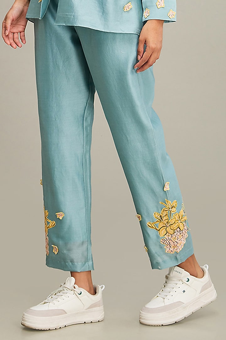 Blue Chanderi Applique Embroidered Co-Ord Set by Soup by Sougat Paul at Pernia's Pop Up Shop