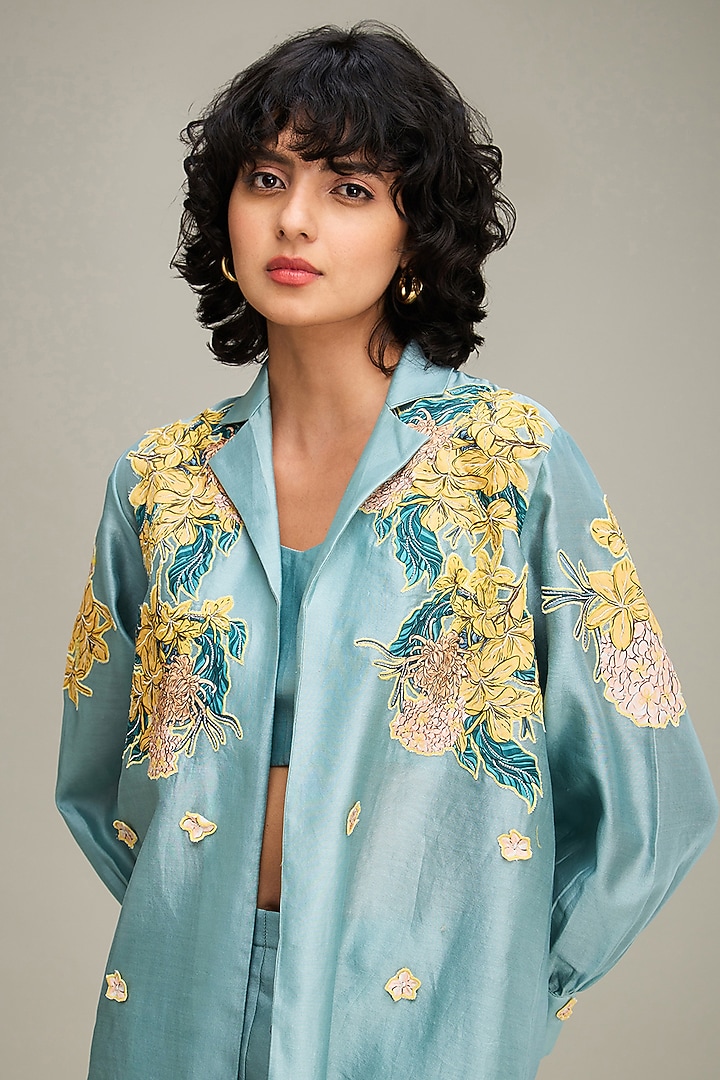 Blue Chanderi Applique Embroidered Co-Ord Set by Soup by Sougat Paul at Pernia's Pop Up Shop