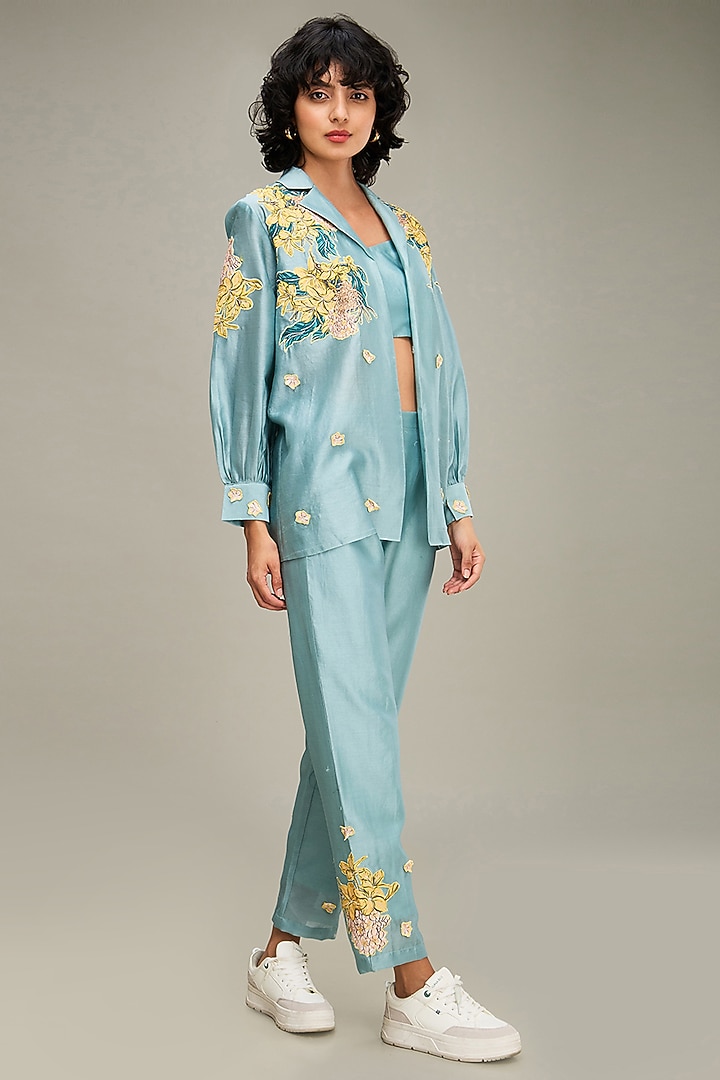 Blue Chanderi Applique Embroidered Co-Ord Set by Soup by Sougat Paul at Pernia's Pop Up Shop