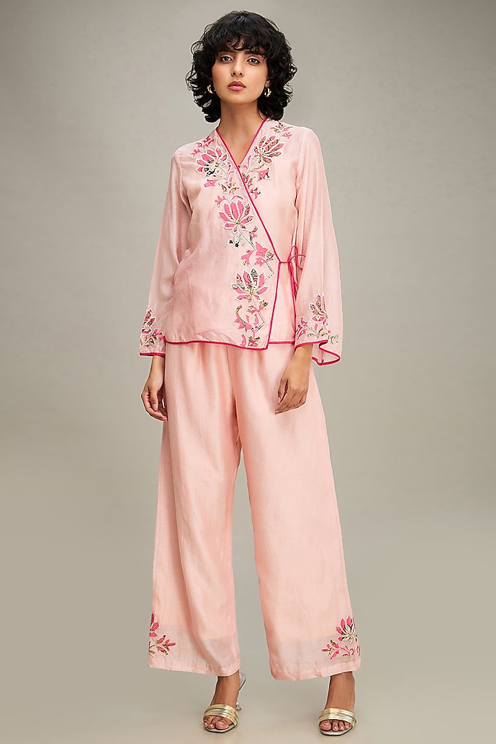 Pink Linen Applique Embroidered Co-Ord Set by Soup by Sougat Paul at Pernia's Pop Up Shop