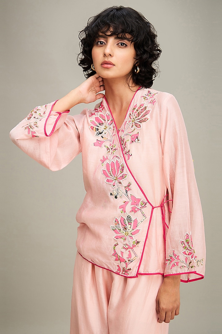 Pink Linen Applique Embroidered Co-Ord Set by Soup by Sougat Paul at Pernia's Pop Up Shop