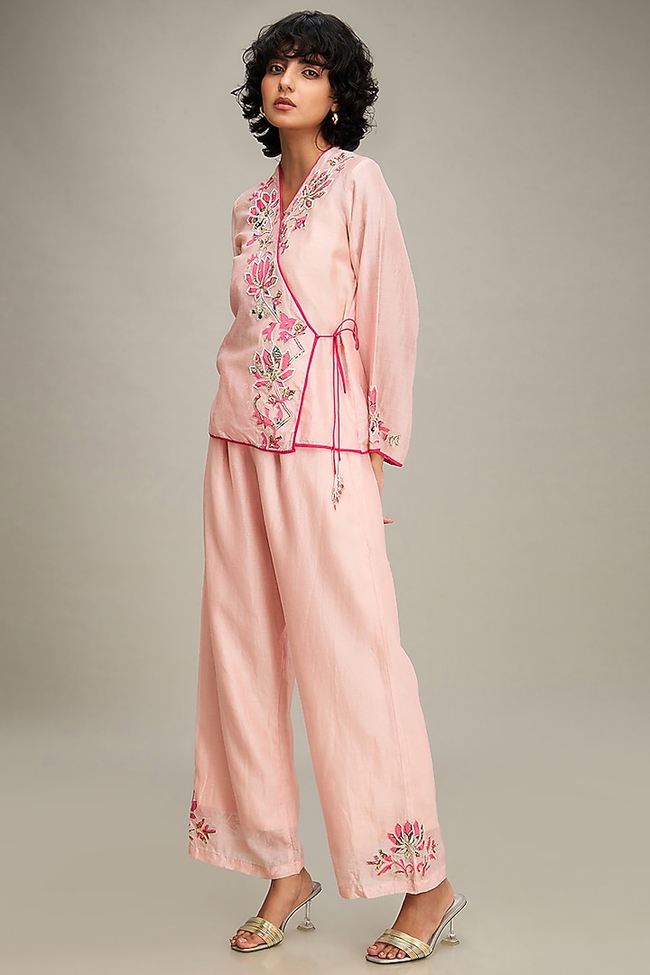 Pink Linen Applique Embroidered Co-Ord Set by Soup by Sougat Paul at Pernia's Pop Up Shop
