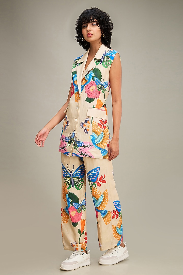 Beige Linen Embellished Co-Ord Set by Soup by Sougat Paul at Pernia's Pop Up Shop