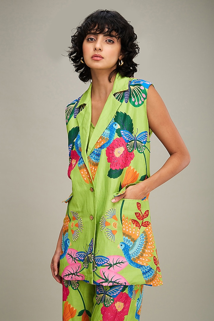 Green Linen Embellished Co-Ord Set by Soup by Sougat Paul at Pernia's Pop Up Shop