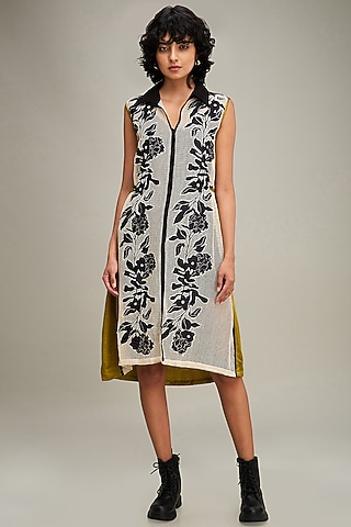 Off-White & Green Handloom Net Applique Embroidered Dress by Soup by Sougat Paul