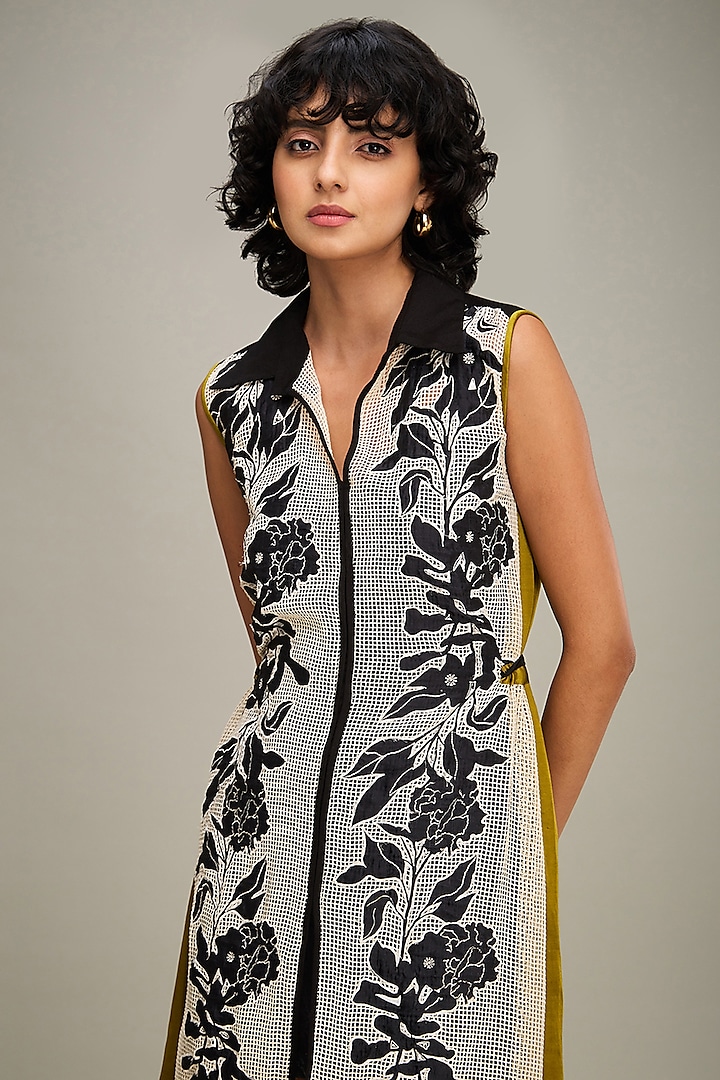 Off-White & Green Handloom Net Applique Embroidered Summer Dress by Soup by Sougat Paul at Pernia's Pop Up Shop