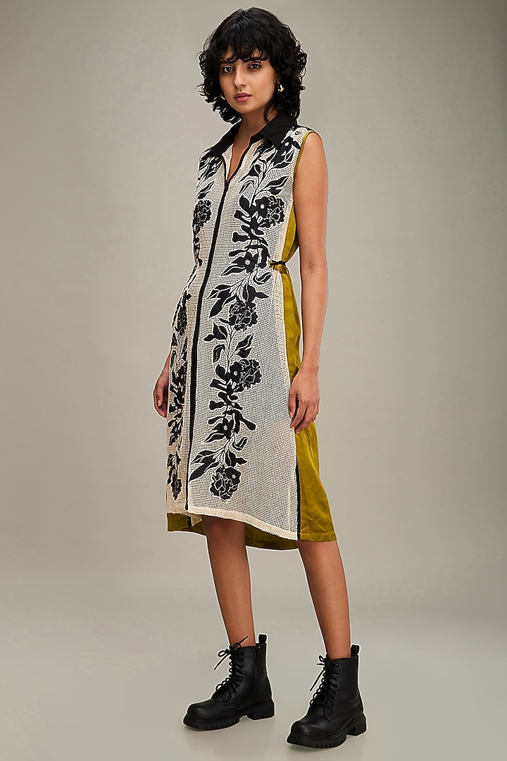 Off-White & Green Handloom Net Applique Embroidered Summer Dress by Soup by Sougat Paul at Pernia's Pop Up Shop