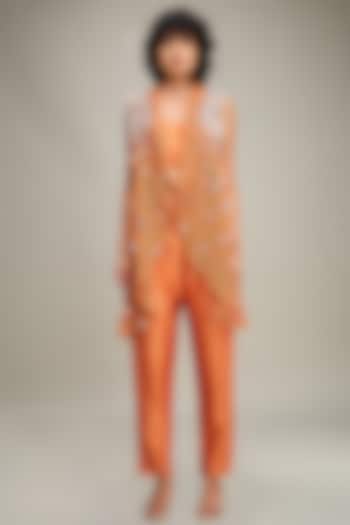 Orange Handloom Net Embellished Cape Set by Soup by Sougat Paul