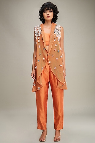 Orange Handloom Net Embellished Cape Set by Soup by Sougat Paul