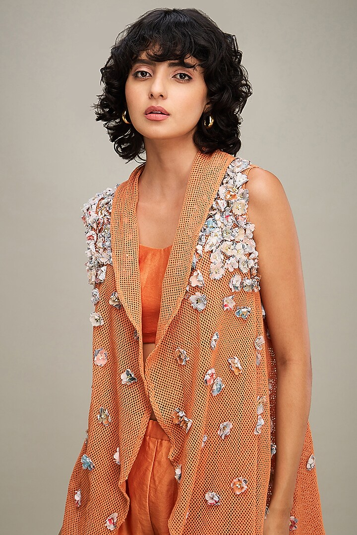 Orange Handloom Net Embellished Cape Set by Soup by Sougat Paul at Pernia's Pop Up Shop