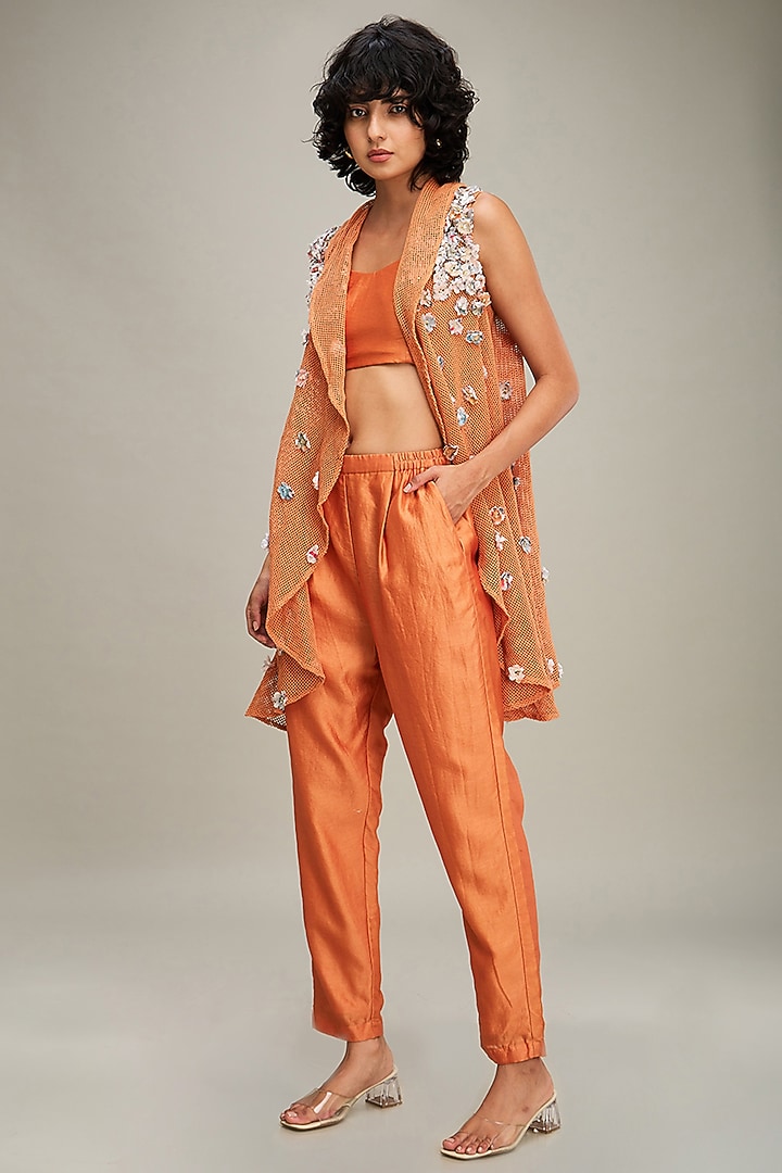 Orange Handloom Net Embellished Cape Set by Soup by Sougat Paul at Pernia's Pop Up Shop