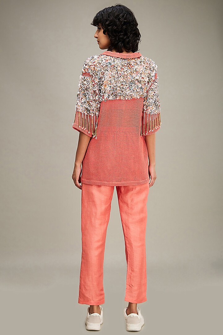 Coral Handloom Net Embellished Jacket Set by Soup by Sougat Paul at Pernia's Pop Up Shop