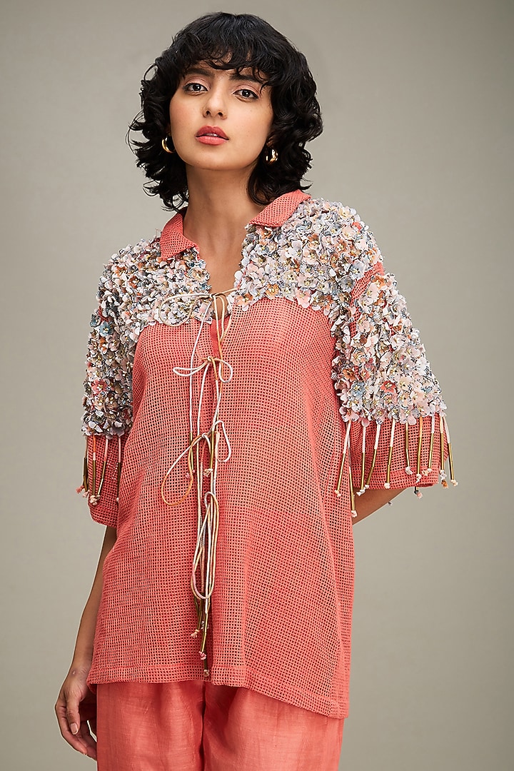 Coral Handloom Net Embellished Jacket Set by Soup by Sougat Paul at Pernia's Pop Up Shop