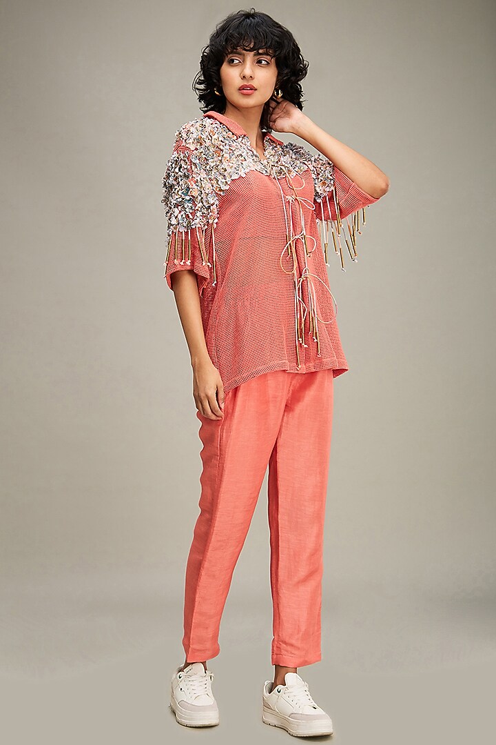 Coral Handloom Net Embellished Jacket Set by Soup by Sougat Paul at Pernia's Pop Up Shop