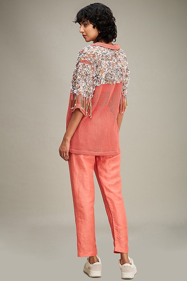 Coral Handloom Net Embellished Jacket Set by Soup by Sougat Paul at Pernia's Pop Up Shop