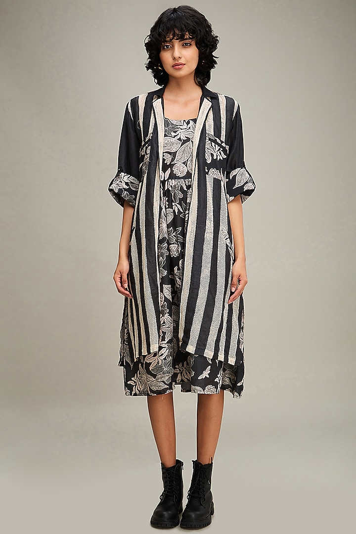 Black Linen Printed Jacket Dress by Soup by Sougat Paul
