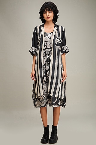 Black Linen Printed Jacket Dress by Soup by Sougat Paul