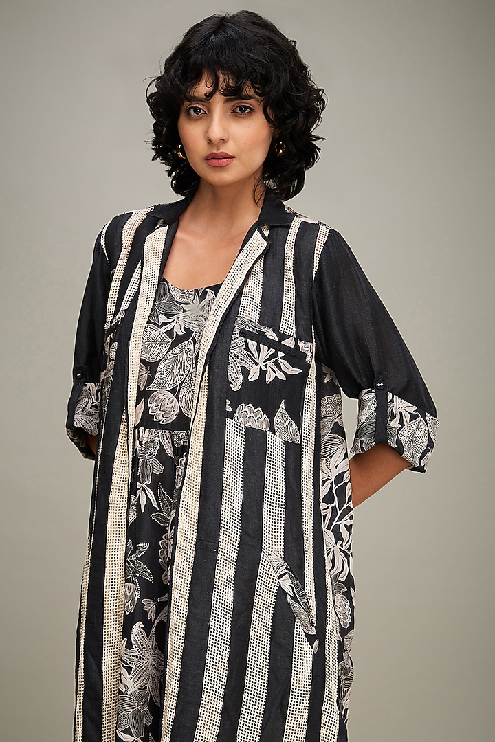 Black Linen Printed Jacket Vacation Dress by Soup by Sougat Paul at Pernia's Pop Up Shop