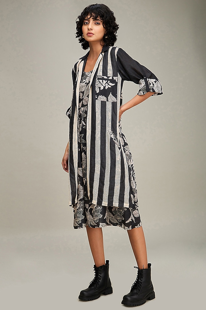 Black Linen Printed Jacket Vacation Dress by Soup by Sougat Paul at Pernia's Pop Up Shop