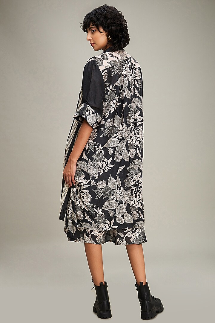 Black Linen Printed Jacket Vacation Dress by Soup by Sougat Paul at Pernia's Pop Up Shop