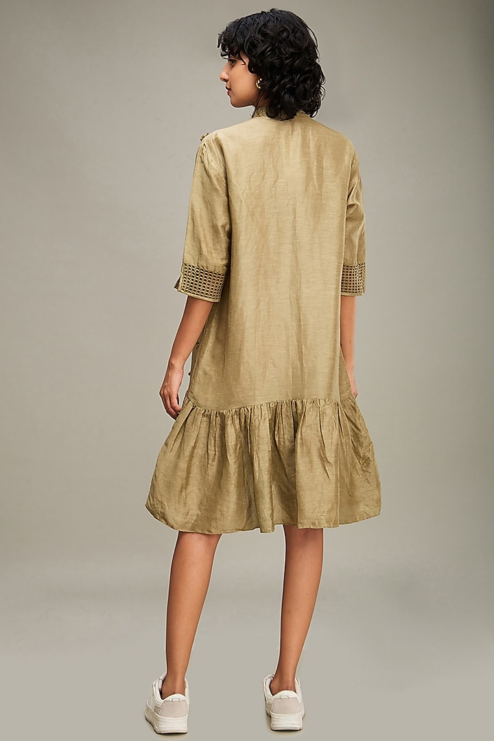 Olive Green Linen Embellished Oversized Boxy Dress by Soup by Sougat Paul at Pernia's Pop Up Shop