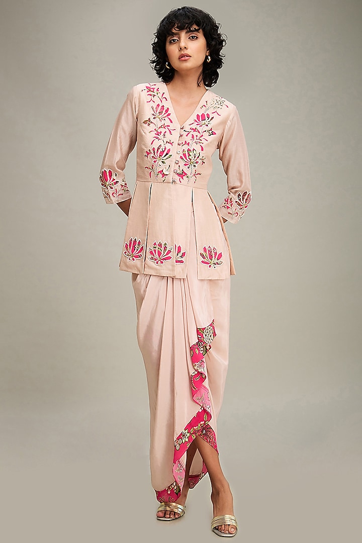 Pink Chanderi Draped Skirt Set by Soup by Sougat Paul