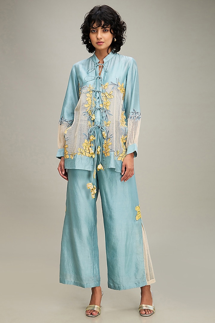 Blue Chanderi Applique Embroidered Co-Ord Set by Soup by Sougat Paul at Pernia's Pop Up Shop