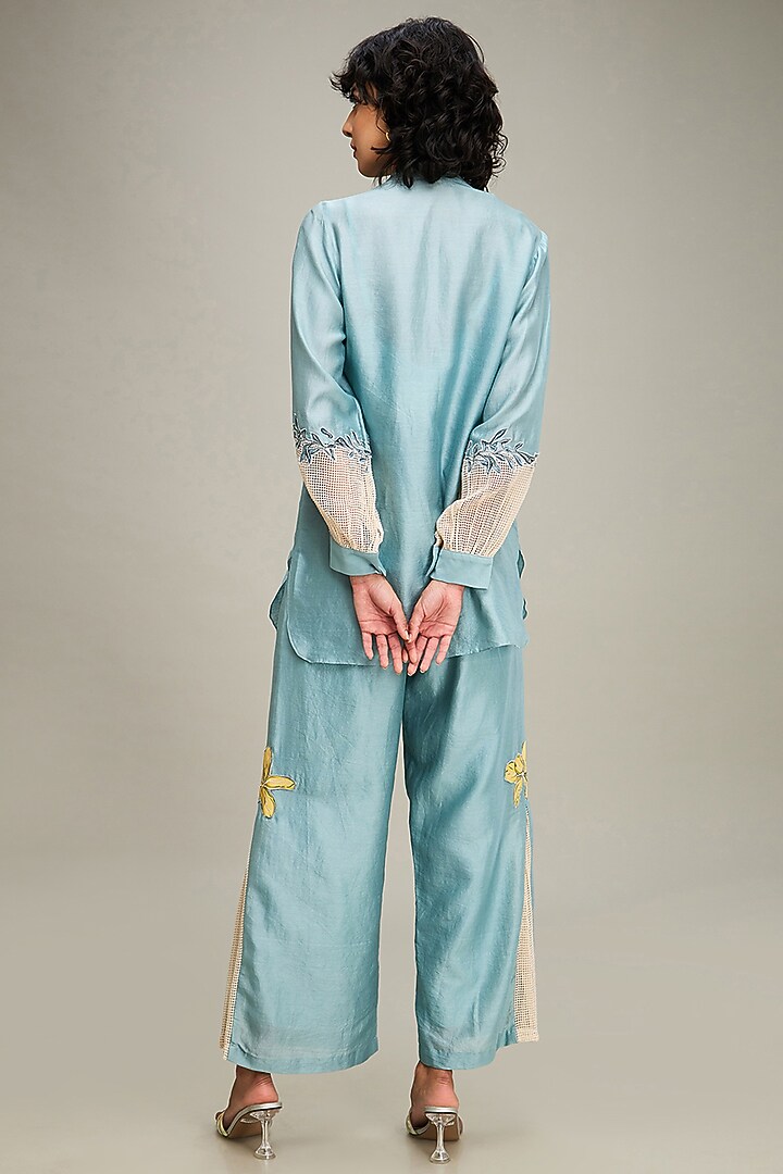 Blue Chanderi Applique Embroidered Co-Ord Set by Soup by Sougat Paul at Pernia's Pop Up Shop