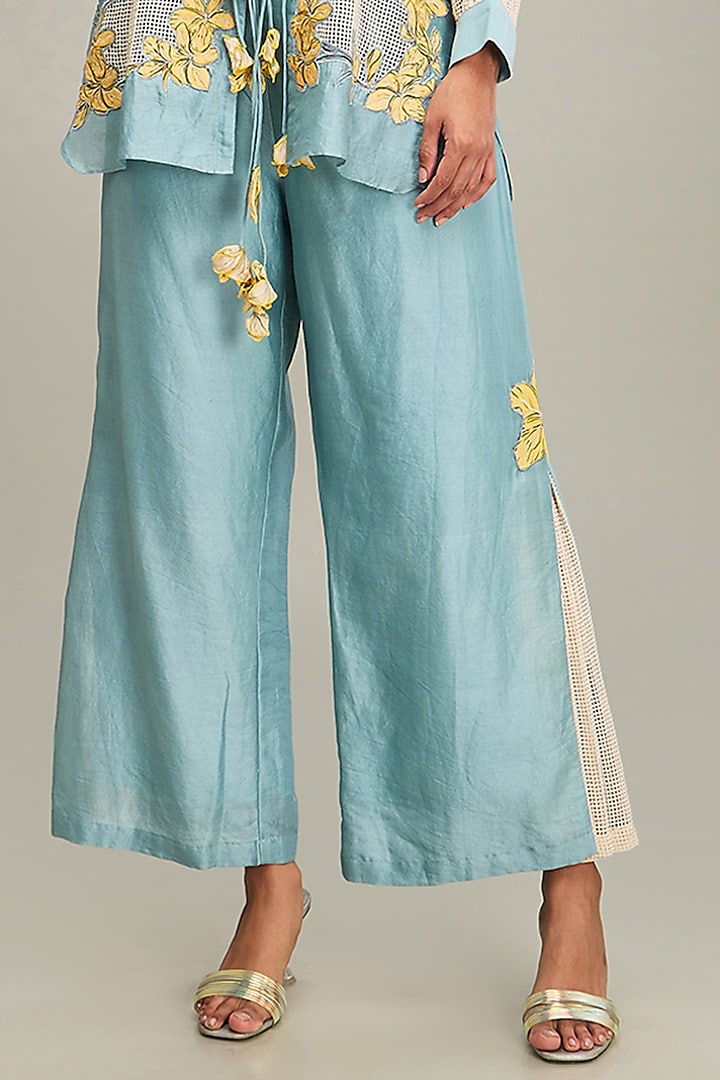 Blue Chanderi Applique Embroidered Co-Ord Set by Soup by Sougat Paul at Pernia's Pop Up Shop