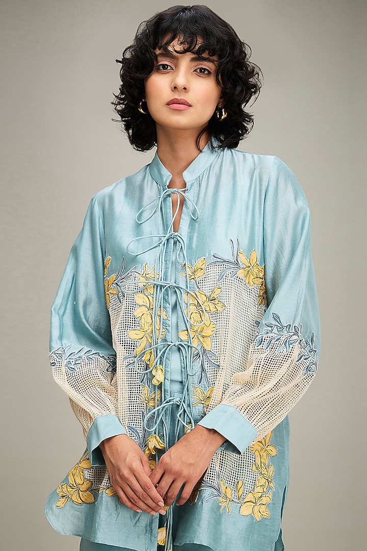 Blue Chanderi Applique Embroidered Co-Ord Set by Soup by Sougat Paul at Pernia's Pop Up Shop
