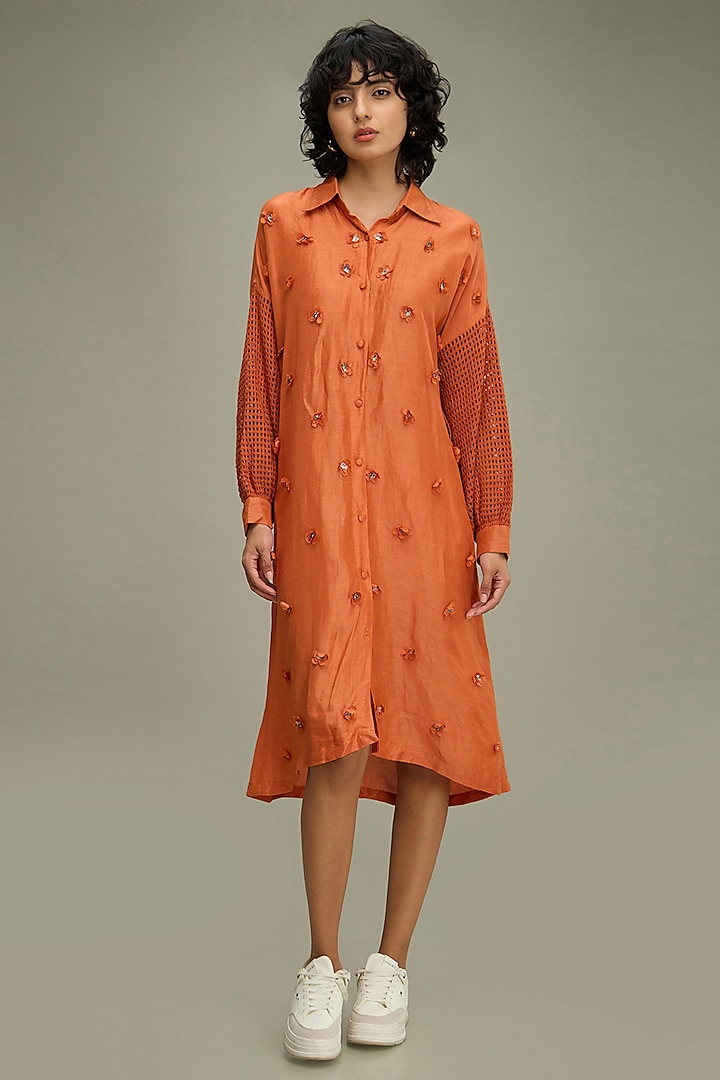 Rust Linen Floral Applique Embroidered Dress by Soup by Sougat Paul