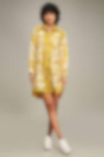 Yellow Handloom Net & Satin Linen Applique Embroidered Shirt Dress by Soup by Sougat Paul