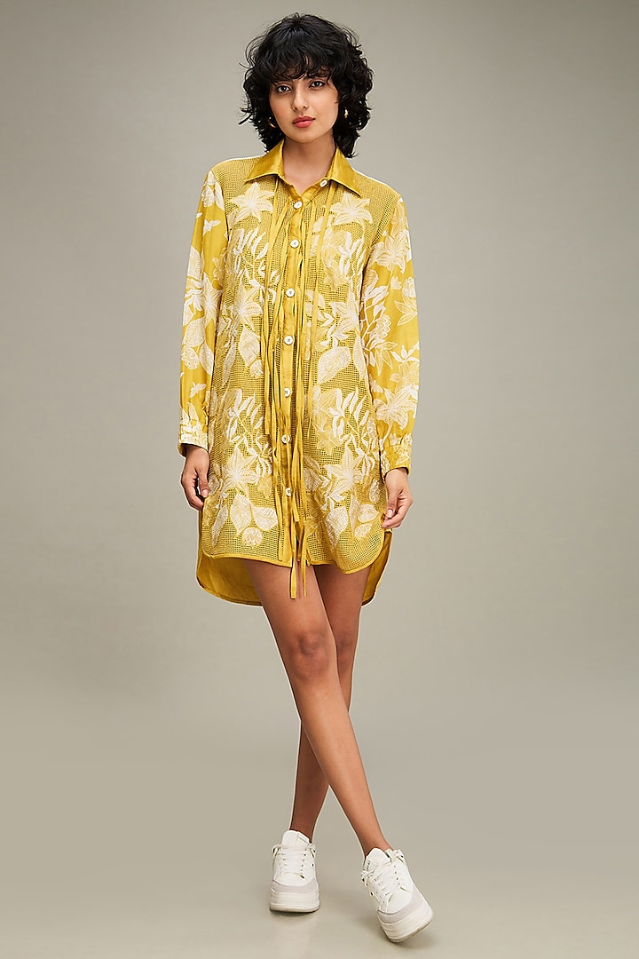 Yellow Handloom Net & Satin Linen Applique Embroidered Shirt Dress by Soup by Sougat Paul