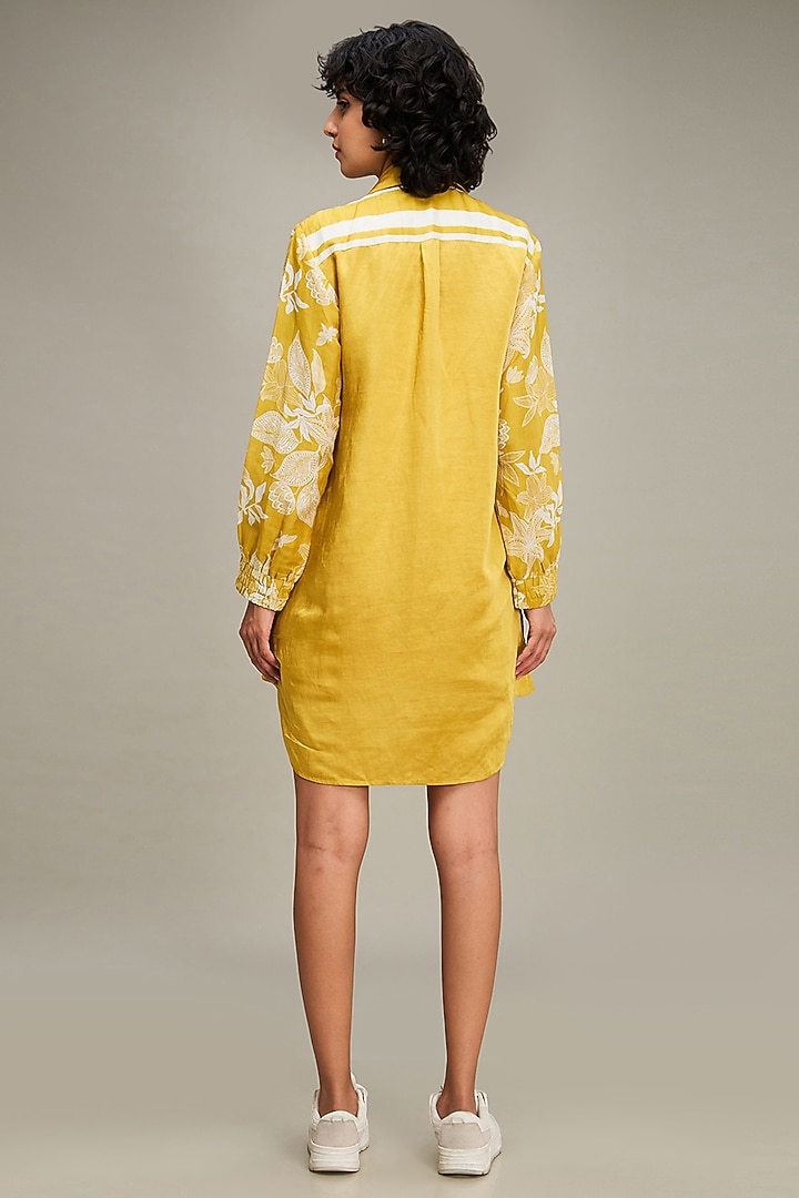 Yellow Handloom Net & Satin Linen Applique Embroidered Summer Shirt Dress by Soup by Sougat Paul at Pernia's Pop Up Shop