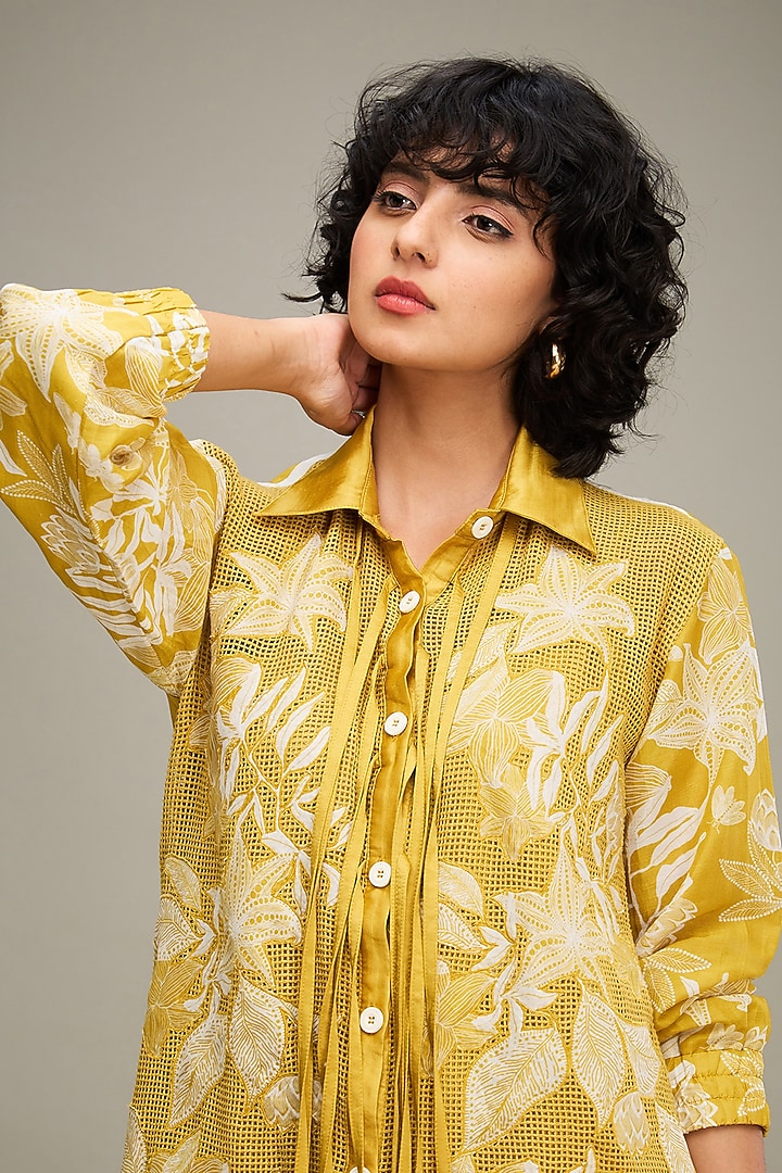 Yellow Handloom Net & Satin Linen Applique Embroidered Summer Shirt Dress by Soup by Sougat Paul at Pernia's Pop Up Shop