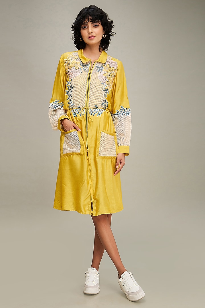 Yellow Handloom Net Applique Embroidered Dress by Soup by Sougat Paul