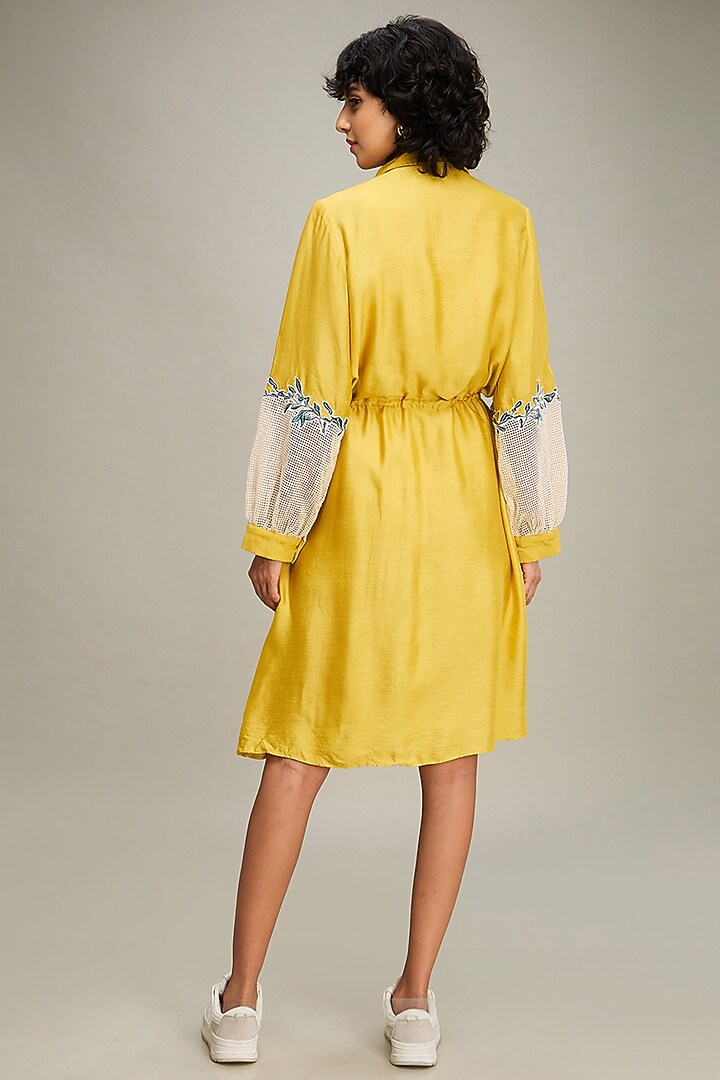 Yellow Handloom Net Applique Embroidered Summer Dress by Soup by Sougat Paul at Pernia's Pop Up Shop