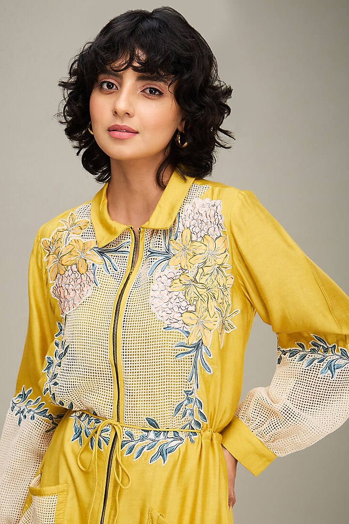 Yellow Handloom Net Applique Embroidered Summer Dress by Soup by Sougat Paul at Pernia's Pop Up Shop