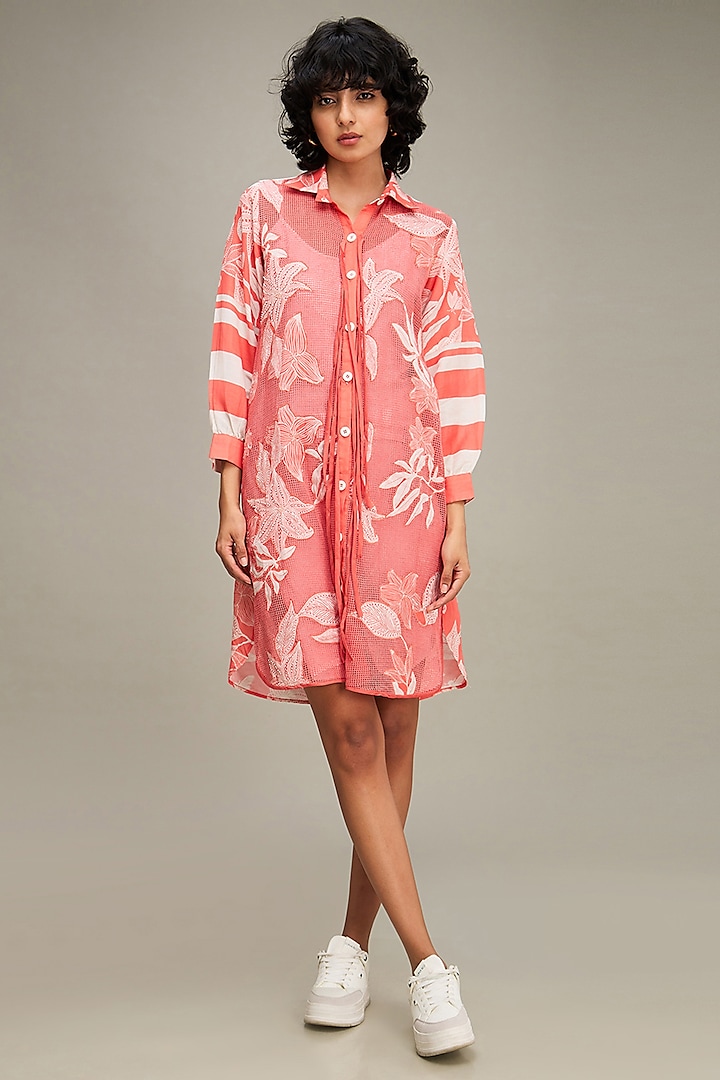 Pink Handloom Net Applique Embroidered Shirt Dress by Soup by Sougat Paul at Pernia's Pop Up Shop