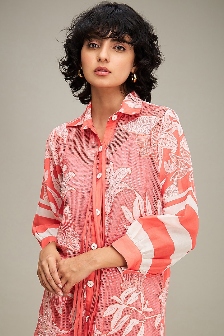 Pink Handloom Net Applique Embroidered Summer Shirt Dress by Soup by Sougat Paul at Pernia's Pop Up Shop