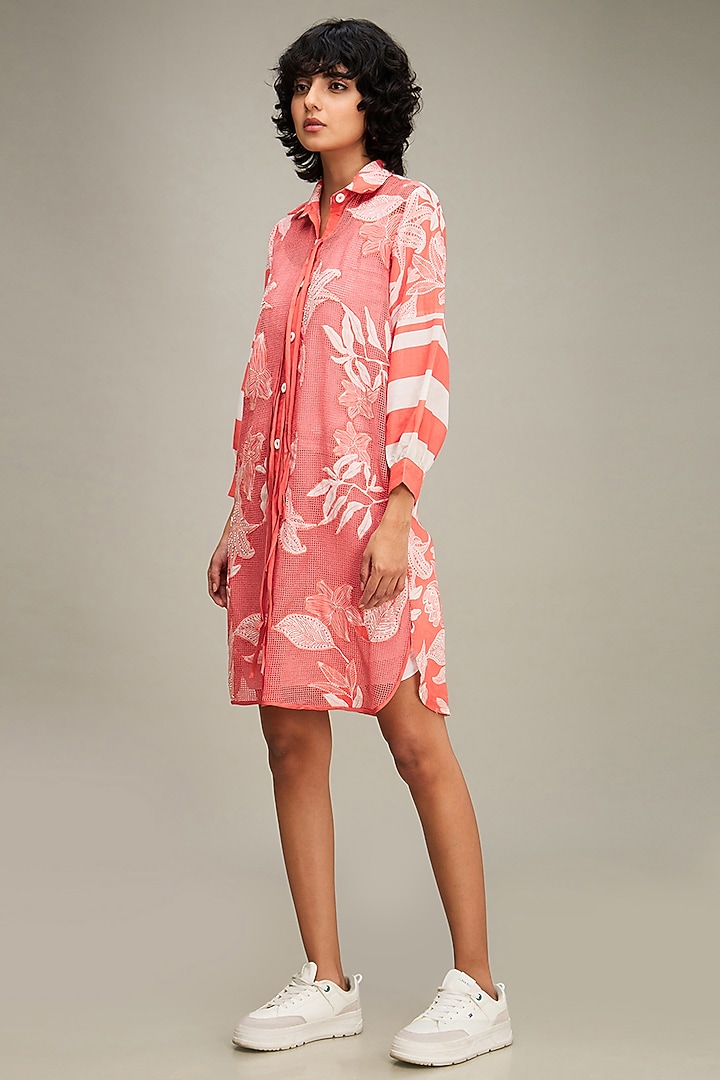 Pink Handloom Net Applique Embroidered Summer Shirt Dress by Soup by Sougat Paul at Pernia's Pop Up Shop