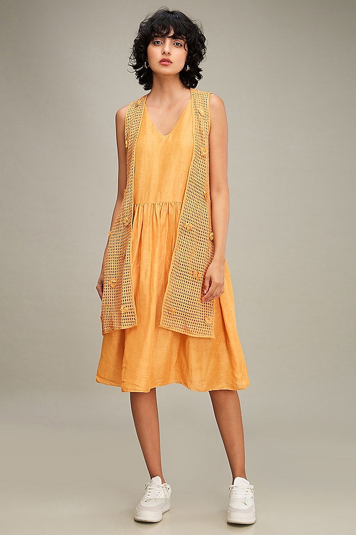 Orange Linen & Handloom Cotton Jacket Dress by Soup by Sougat Paul