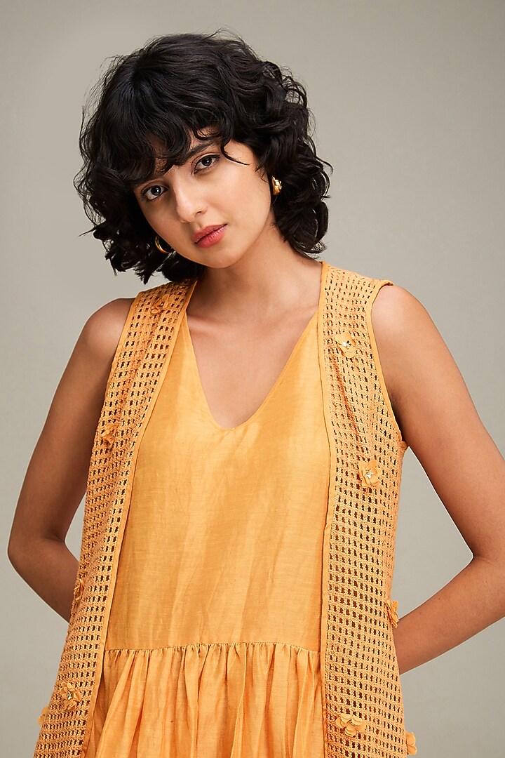 Orange Linen & Handloom Cotton Jacket Summer Dress by Soup by Sougat Paul at Pernia's Pop Up Shop